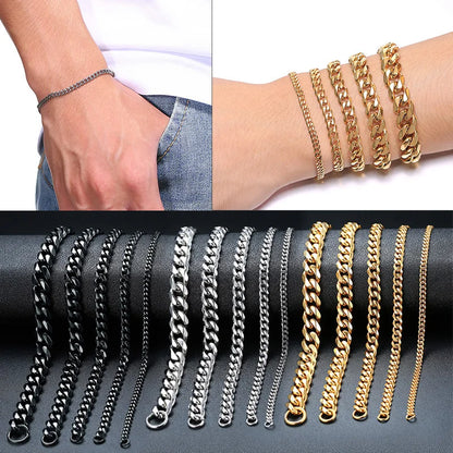 Vnox Mens 3-11mm Stainless Steel Curb Cuban Link Chain Bracelets