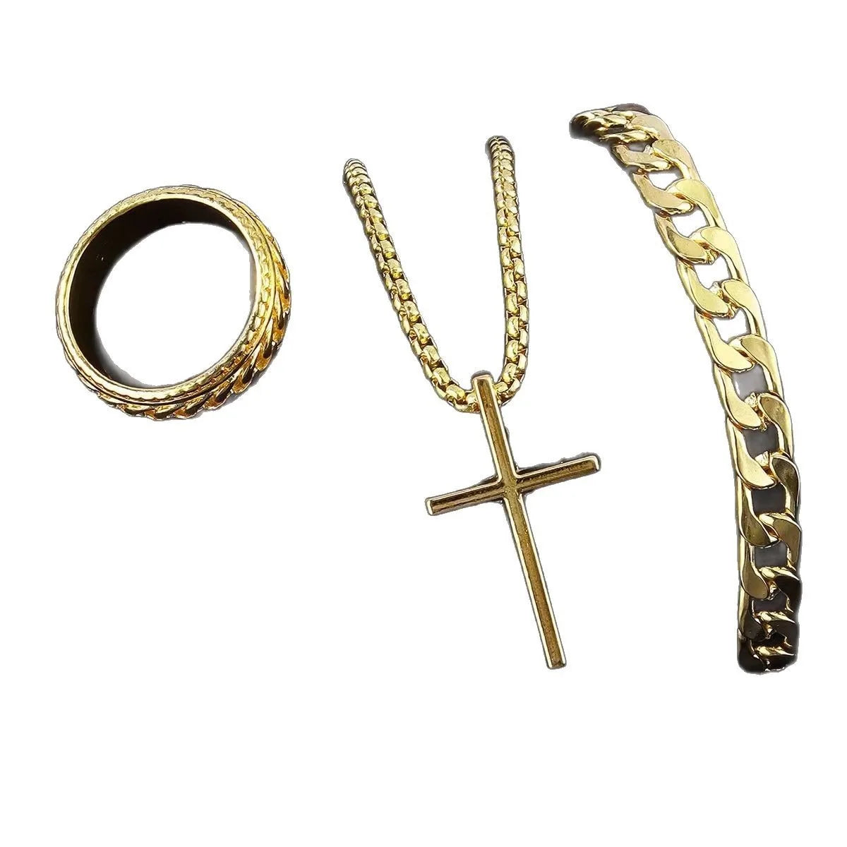 Bestseller New 3Pcs Cross Jewelry Set | Chain Ring Bracelet Necklace | Fashion Religious Accessories for Women Men Daily & Gift