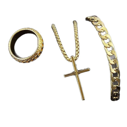 Bestseller New 3Pcs Cross Jewelry Set | Chain Ring Bracelet Necklace | Fashion Religious Accessories for Women Men Daily & Gift