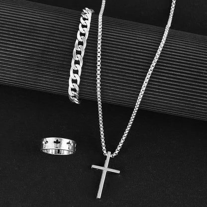 Bestseller New 3Pcs Cross Jewelry Set | Chain Ring Bracelet Necklace | Fashion Religious Accessories for Women Men Daily & Gift