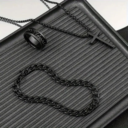 Bestseller New 3Pcs Cross Jewelry Set | Chain Ring Bracelet Necklace | Fashion Religious Accessories for Women Men Daily & Gift