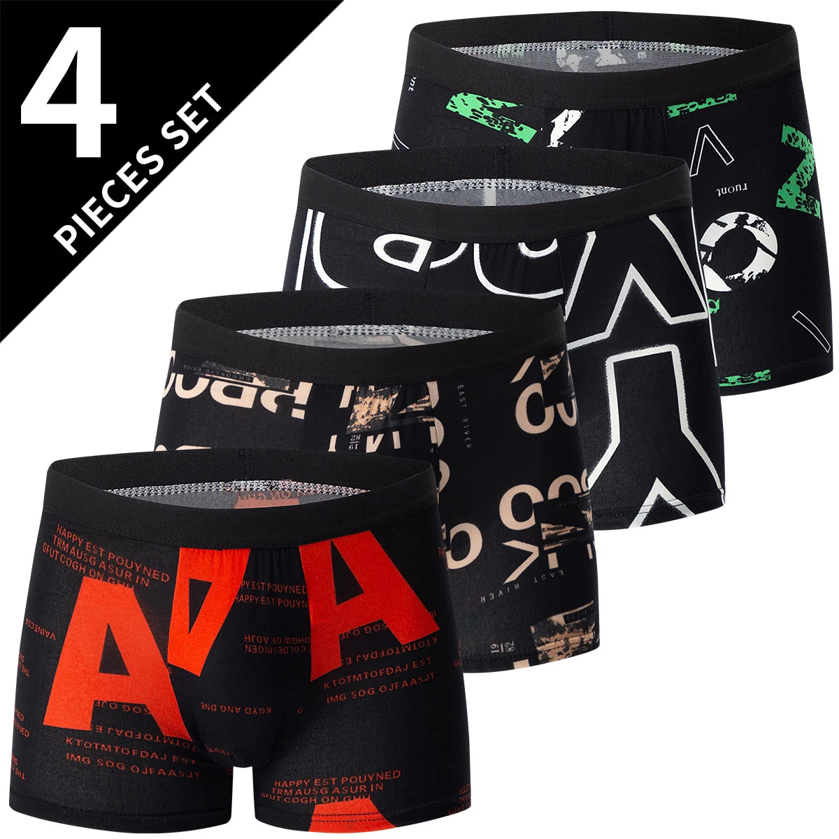 4-piece MEN'S Underwear Comfortable and Fashionable Plus-size Printed Boyshort Maximum 6XL Swimming Trunks for Teenagers.