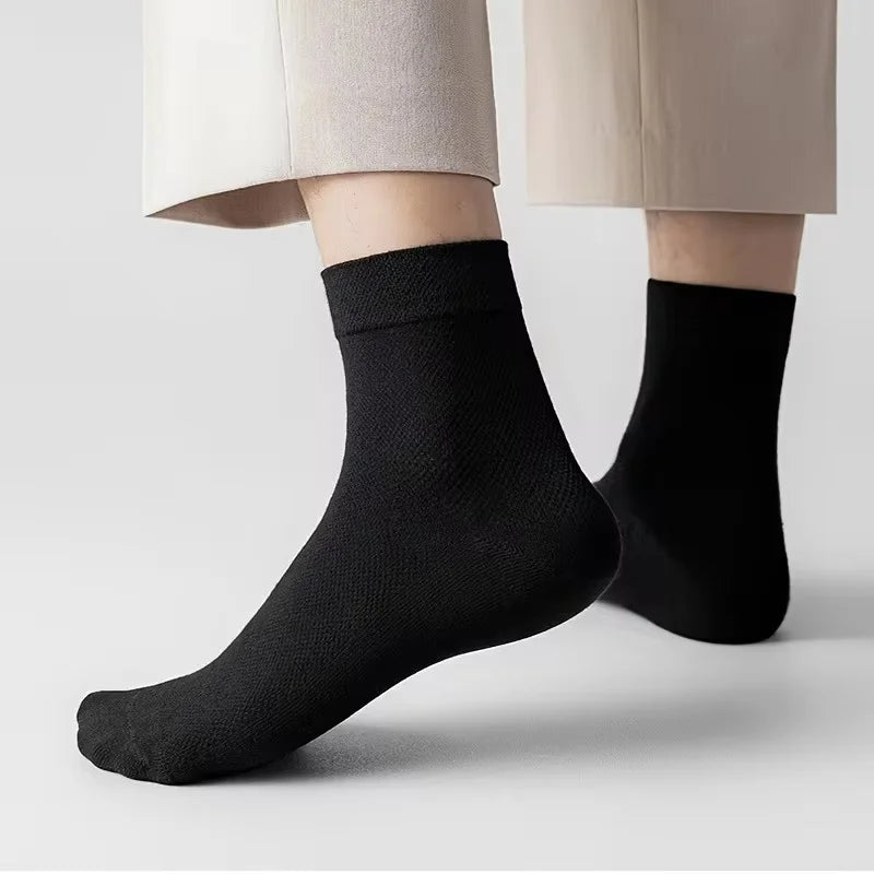 6 Pairs High Tube Mid Length Stockings Set For Men in Solid Black And White With Parallel Bars Popular and Sweat Absorption