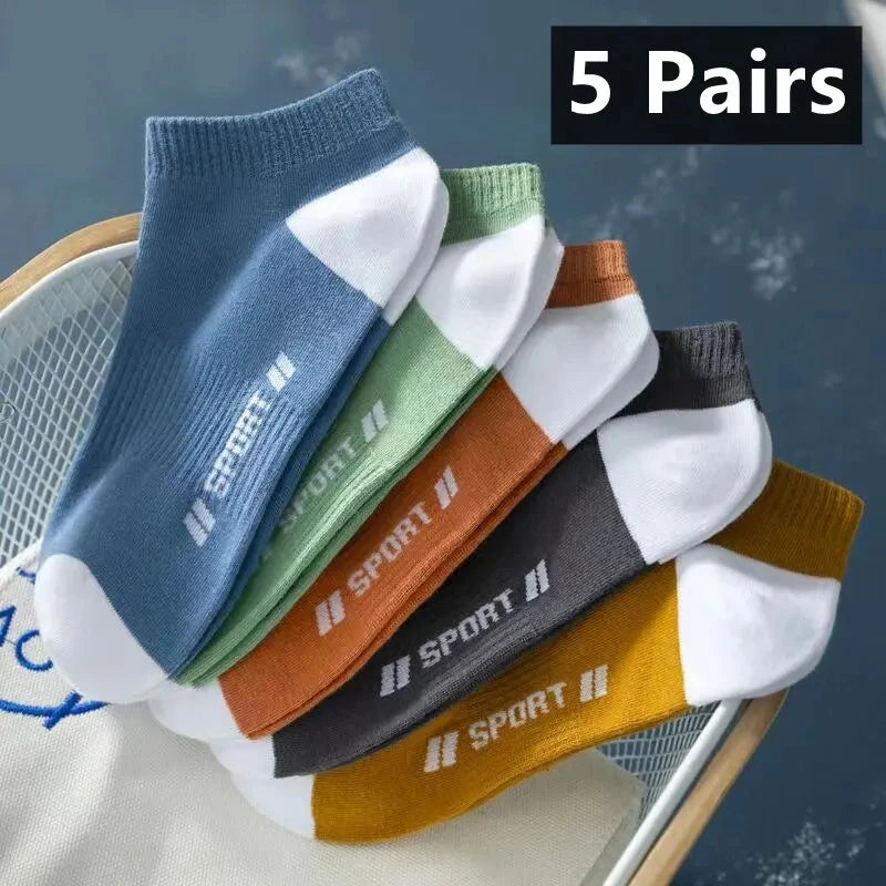 5pairs Men's Fashion Sports Socks, Striped Cotton Sweat Absorption Breathable Comfortable Ankle Socks
