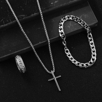 Bestseller New 3Pcs Cross Jewelry Set | Chain Ring Bracelet Necklace | Fashion Religious Accessories for Women Men Daily & Gift