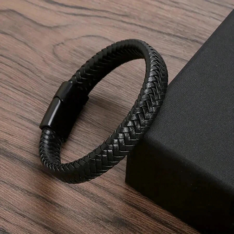 Black PU Leather Magnetic Braided Brown & Black Bracelet For Men