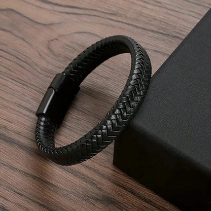 Black PU Leather Magnetic Braided Brown & Black Bracelet For Men