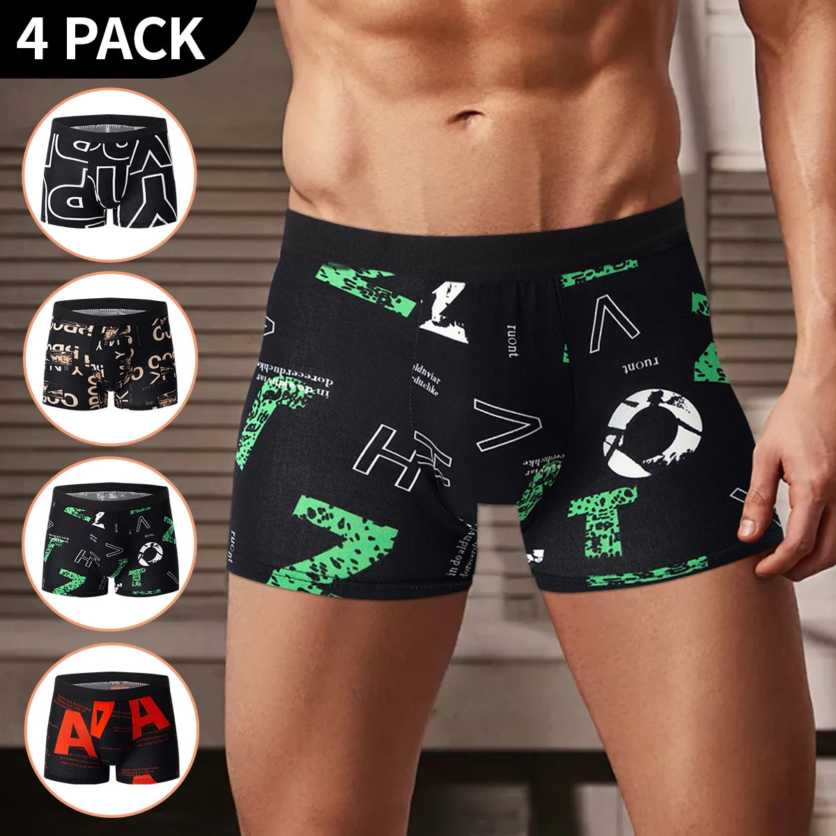 4-piece MEN'S Underwear Comfortable and Fashionable Plus-size Printed Boyshort Maximum 6XL Swimming Trunks for Teenagers.