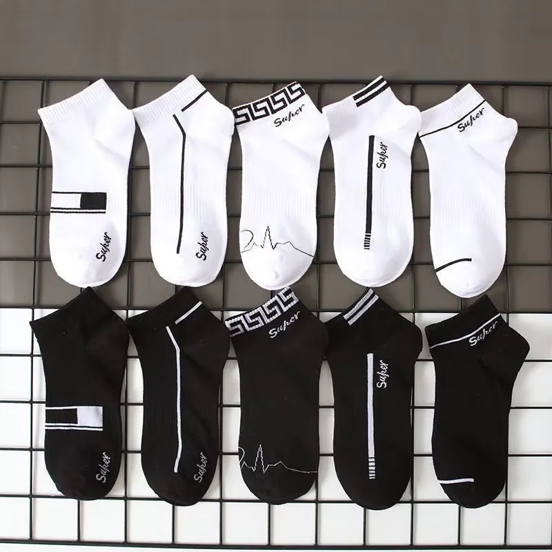 6 Pairs High Tube Mid Length Stockings Set For Men in Solid Black And White With Parallel Bars Popular and Sweat Absorption