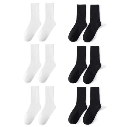 6 Pairs High Tube Mid Length Stockings Set For Men in Solid Black And White With Parallel Bars Popular and Sweat Absorption
