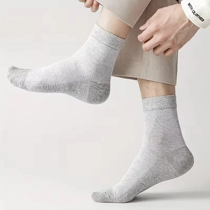 6 Pairs High Tube Mid Length Stockings Set For Men in Solid Black And White With Parallel Bars Popular and Sweat Absorption