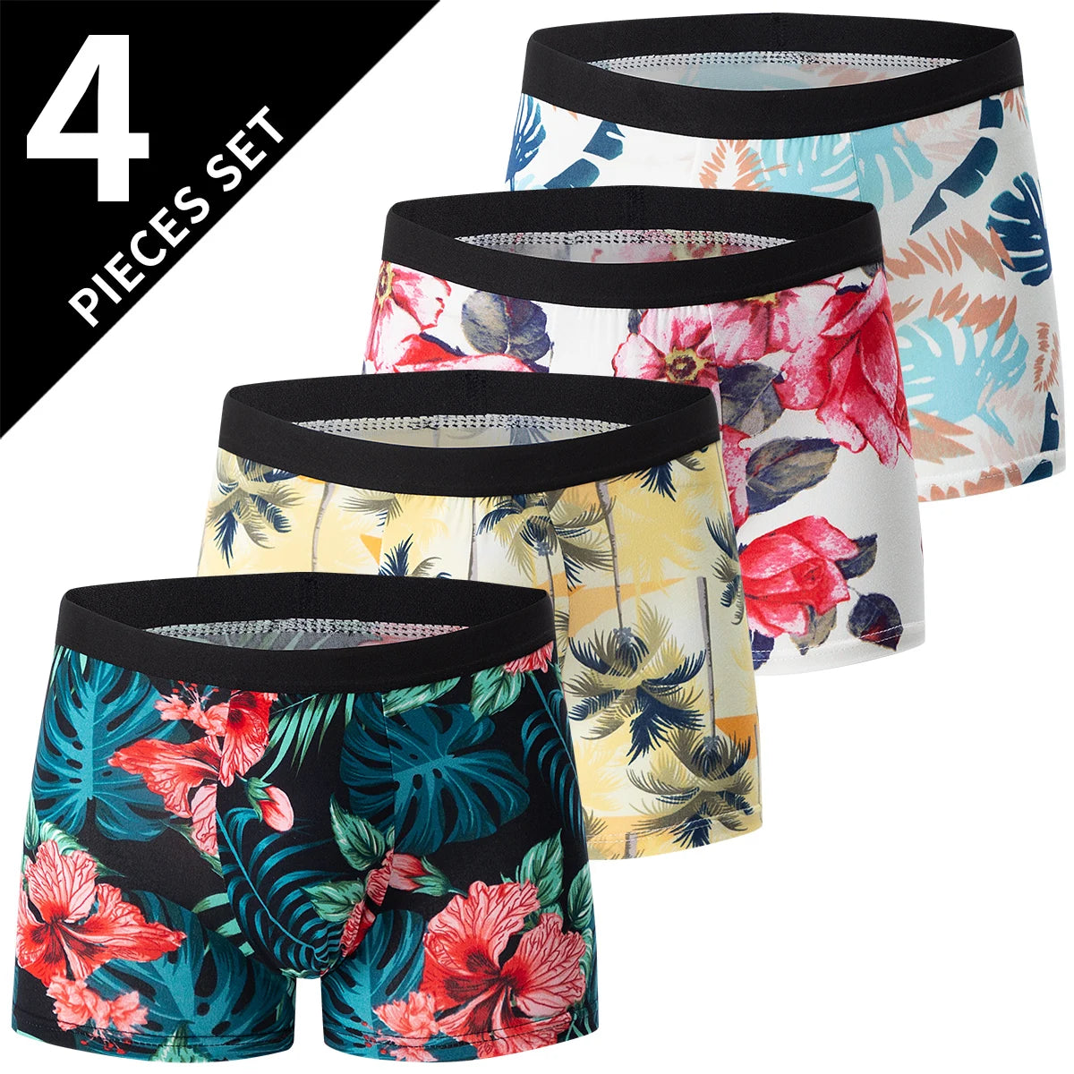 4-piece MEN'S Underwear Comfortable and Fashionable Plus-size Printed Boyshort Maximum 6XL Swimming Trunks for Teenagers.