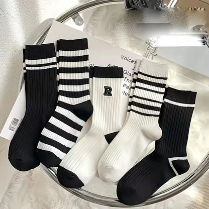 6 Pairs High Tube Mid Length Stockings Set For Men in Solid Black And White With Parallel Bars Popular and Sweat Absorption