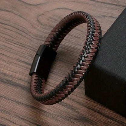 Black PU Leather Magnetic Braided Brown & Black Bracelet For Men