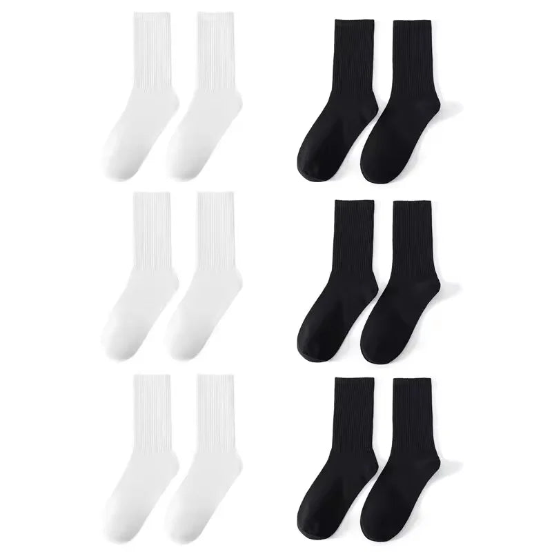 6 Pairs High Tube Mid Length Stockings Set For Men in Solid Black And White With Parallel Bars Popular and Sweat Absorption