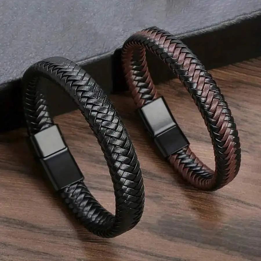 Black PU Leather Magnetic Braided Brown & Black Bracelet For Men