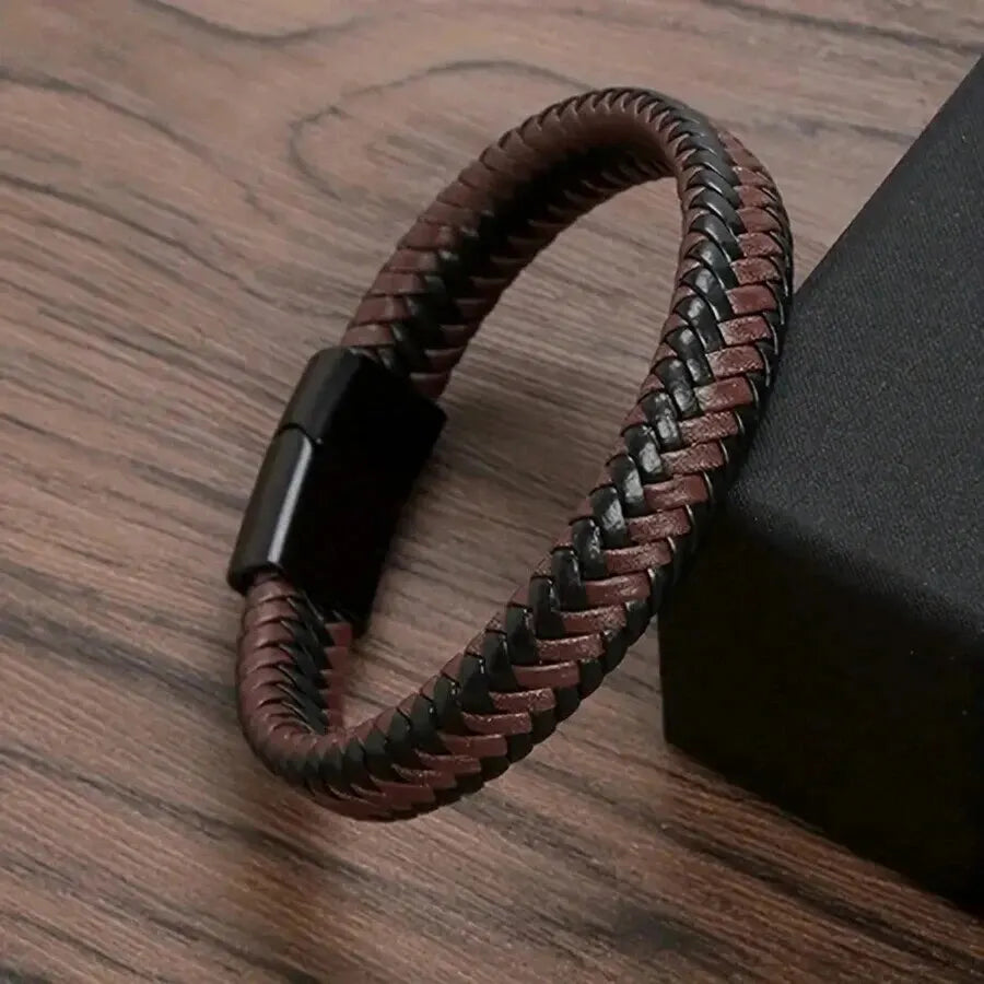 Black PU Leather Magnetic Braided Brown & Black Bracelet For Men