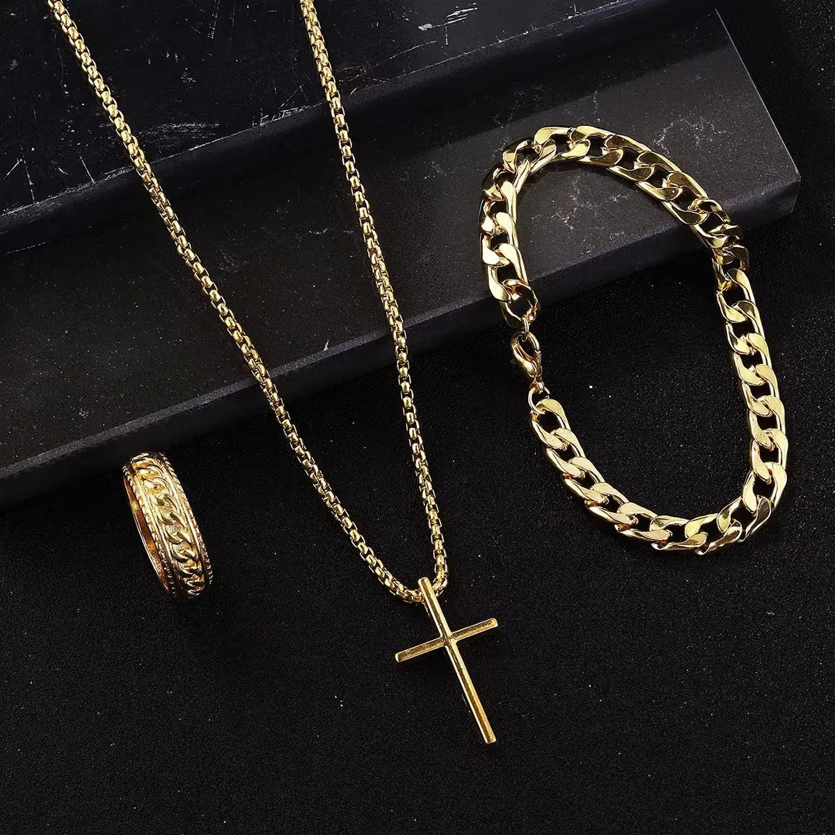 Bestseller New 3Pcs Cross Jewelry Set | Chain Ring Bracelet Necklace | Fashion Religious Accessories for Women Men Daily & Gift