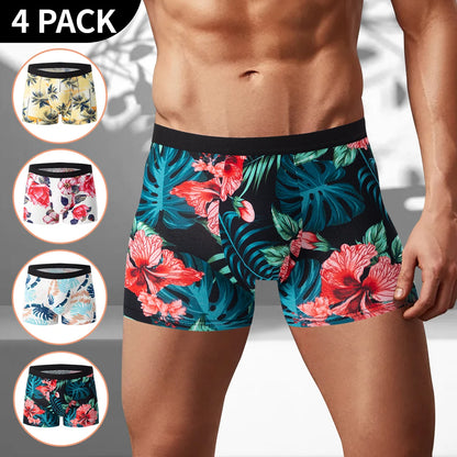 4-piece MEN'S Underwear Comfortable and Fashionable Plus-size Printed Boyshort Maximum 6XL Swimming Trunks for Teenagers.
