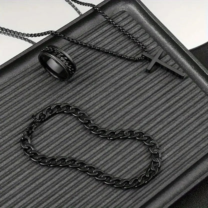 Bestseller New 3Pcs Cross Jewelry Set | Chain Ring Bracelet Necklace | Fashion Religious Accessories for Women Men Daily & Gift