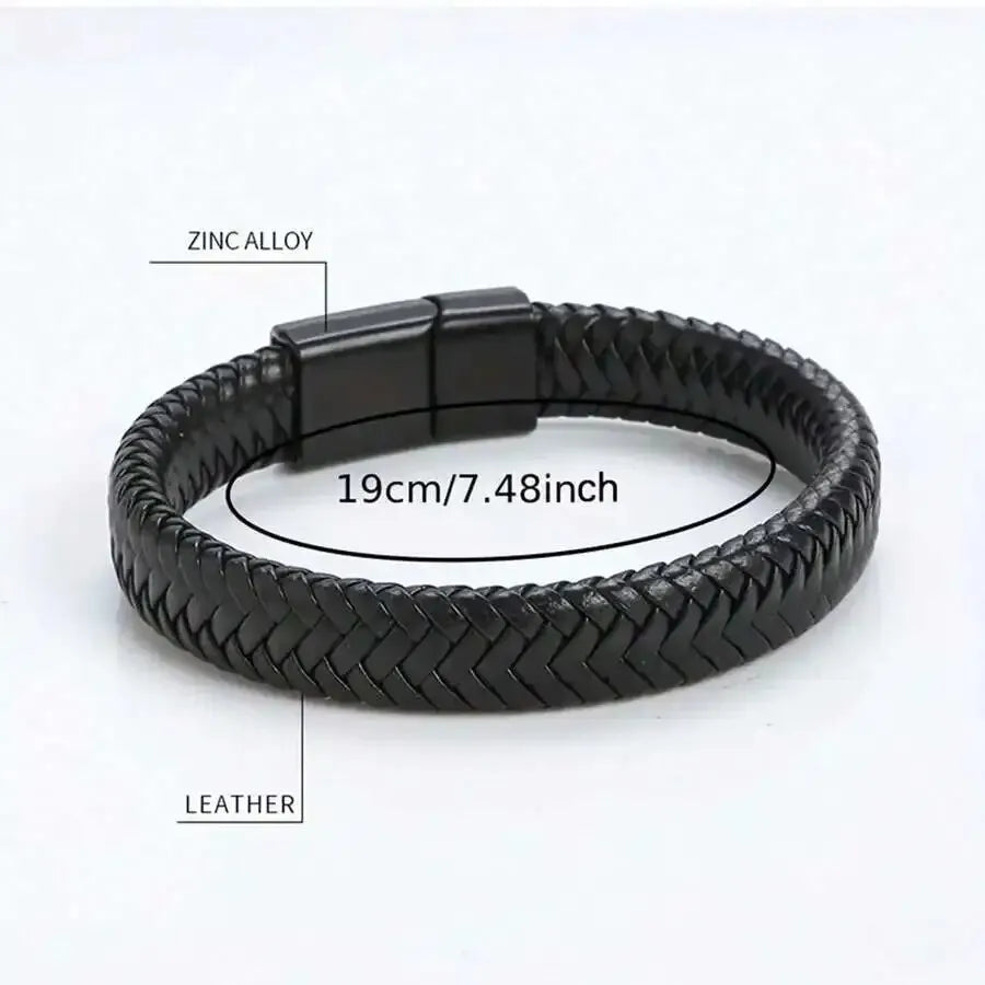Black PU Leather Magnetic Braided Brown & Black Bracelet For Men